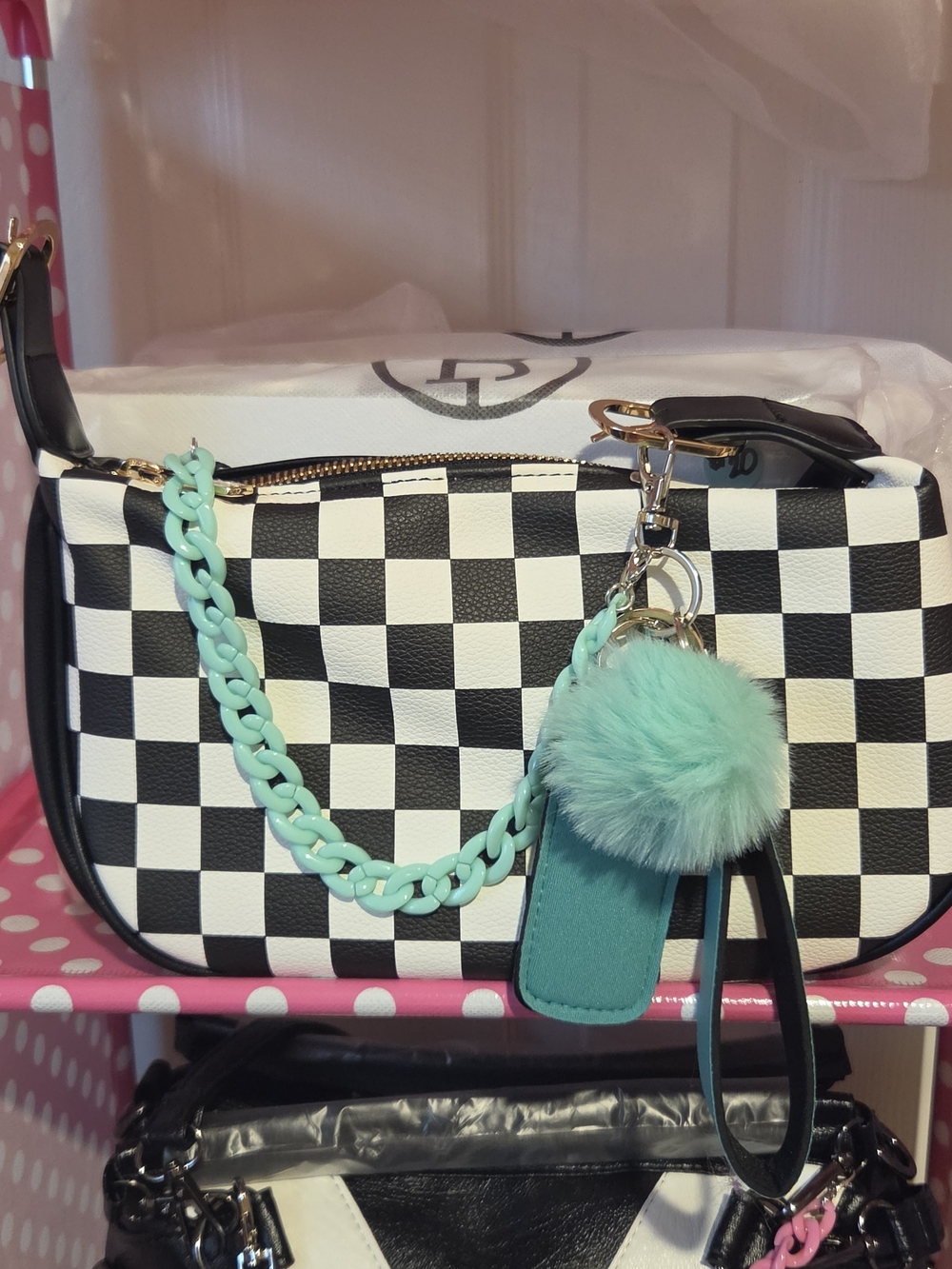 Checkerboard Shoulder Bag with Mint Accents